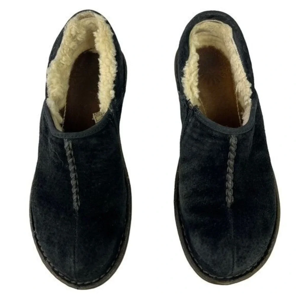 UGG Bettey Black Suede Shearling Clog Slippers Womens 7 Cozy Winter Shoes Warmly